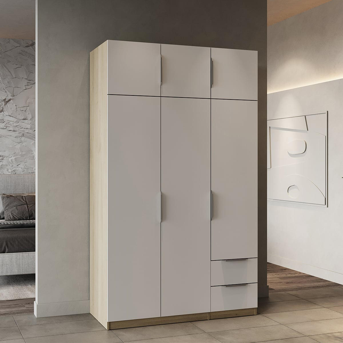 KLEIDERSCHRANK 6 Türen und 2 Schubladen Ghost - L119,4 cm - Weiß/Sonoma Eiche, Holz (119/203/51cm) - Demeyere