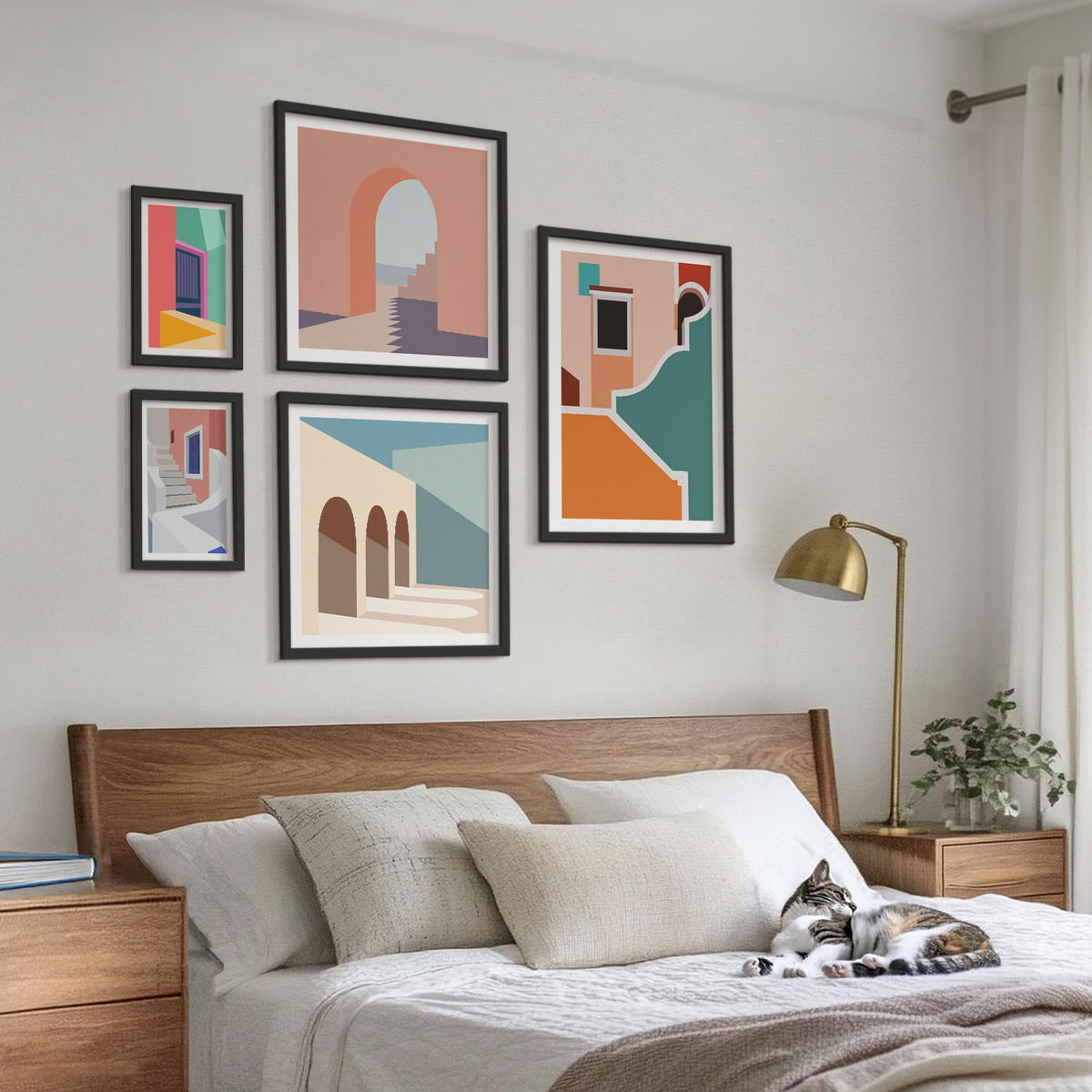 BILDER SET 5er Set - 50x50 cm & 20x30 cm & 40x60 cm Schwarzer Rahmen - Farbenfrohe moderne Gebäude - Schwarz, Kunststoff (40/60cm) - TULUP