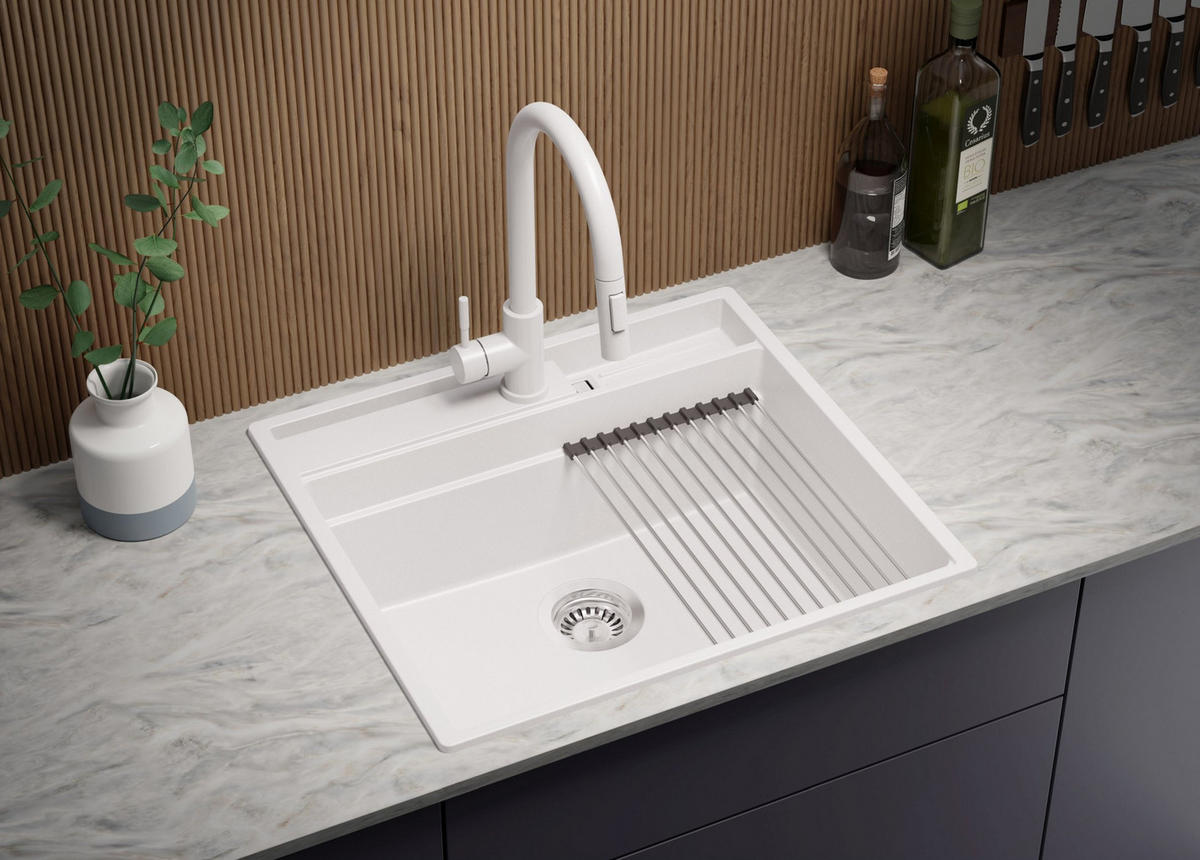 GRANITSPÜLE Oslo Pocket, 2-er set Weiß 58/53 cm 1 Becken + Küchenarmatur 38/14 cm + Ablauf-Set + Küchenzubehörset ab 60er Unterschrank - Chromfarben/Beige, Kunststoff (58/20/53cm) - Primagran