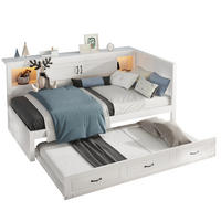 BETT 90/200 cm in Weiß mit Kopfteil, Ausziehbett, Stauraum und LED - Weiß, Holzwerkstoff (90/200cm) - BEAOK