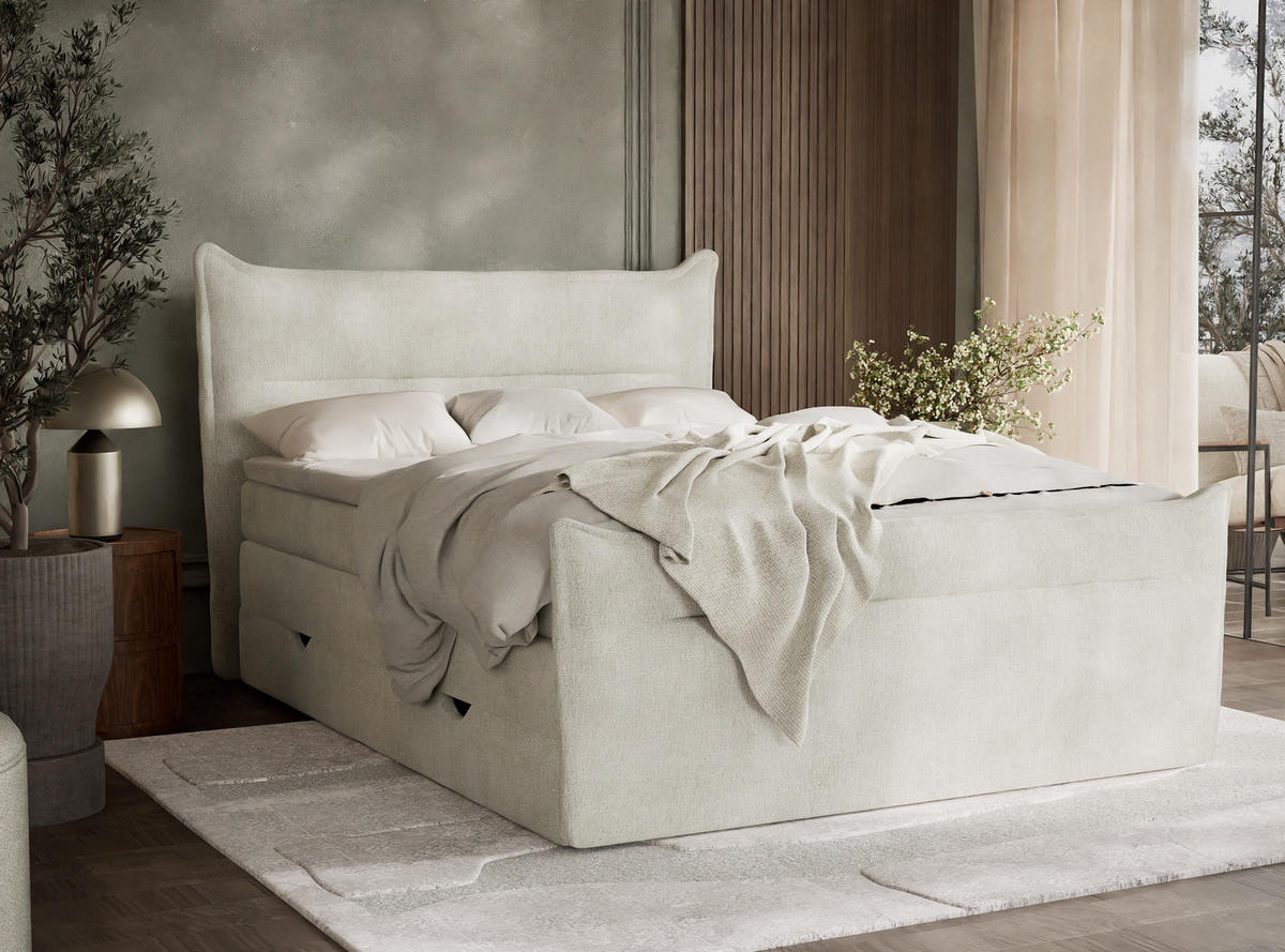 BOXSPRINGBETT Pelino 140/200 cm, in Creme, Bettkasten, Matratze, Topper - Creme/Schwarz, Holz/Holzwerkstoff (140/200cm) - Maison de Reve
