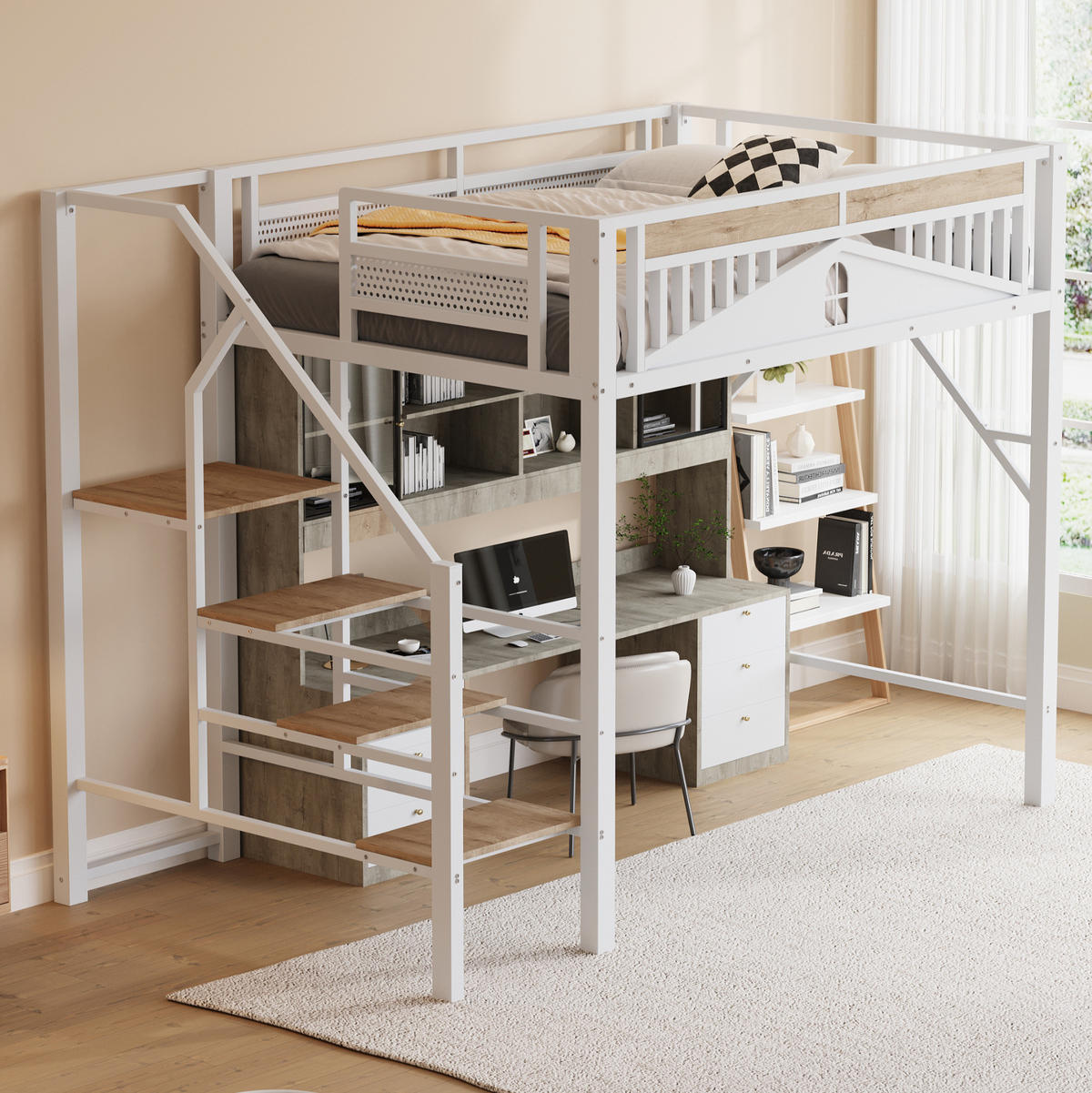 HOCHBETT 140/200 cm aus Metall und Holz mit Sicherheitsleiter, Weiß - Weiß, Metall (140/200cm) - OKMYHOME