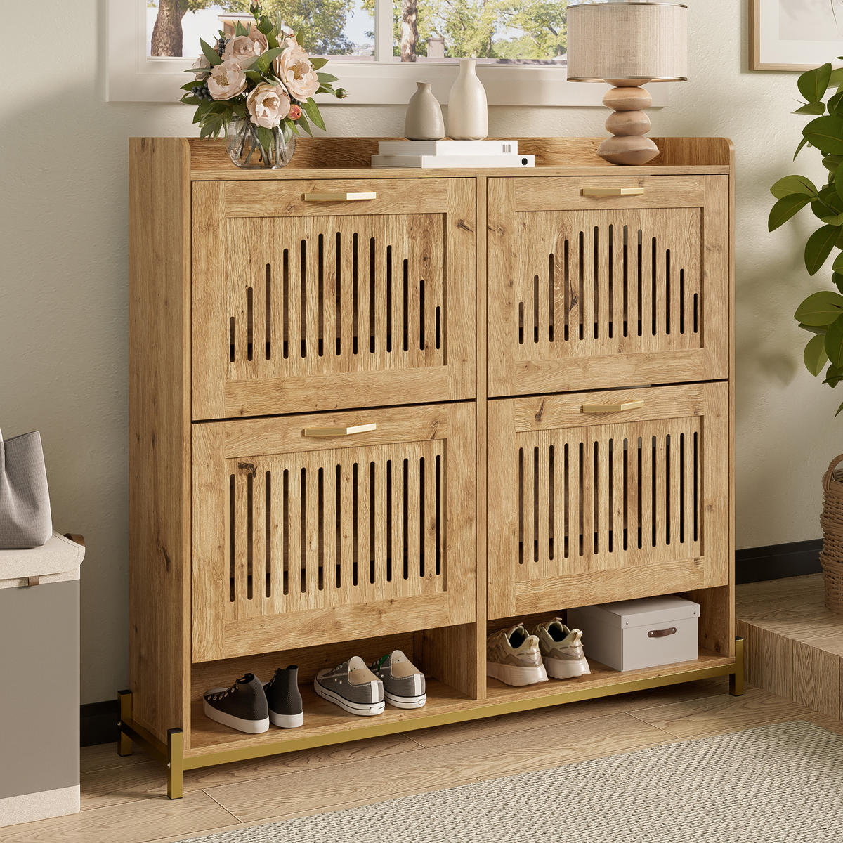 SCHUHSCHRANK 4 Türen Vertikale Lamellentüren Metallrahmen Ablage - Naturfarben, Holzwerkstoff (24/100/108.5cm) - FLIEKS