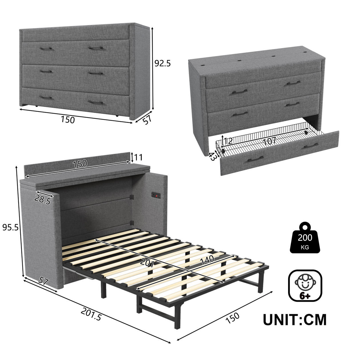 SCHRANKBETT aus Leinen 140x200 cm Grau mit USB- und Typ-C-Anschlüssen, Schublade und wandelbarem Ablagefach - Grau, Textil (90/200cm) - Modfu