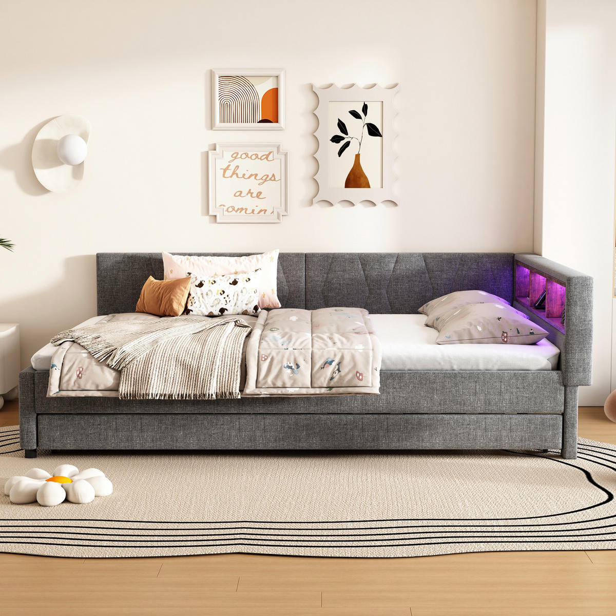 TAGEBETT 140x200cm Grau Leinen USB-C LED-Licht Ausziehbett - Grau, Holz (140/200cm) - FLIEKS