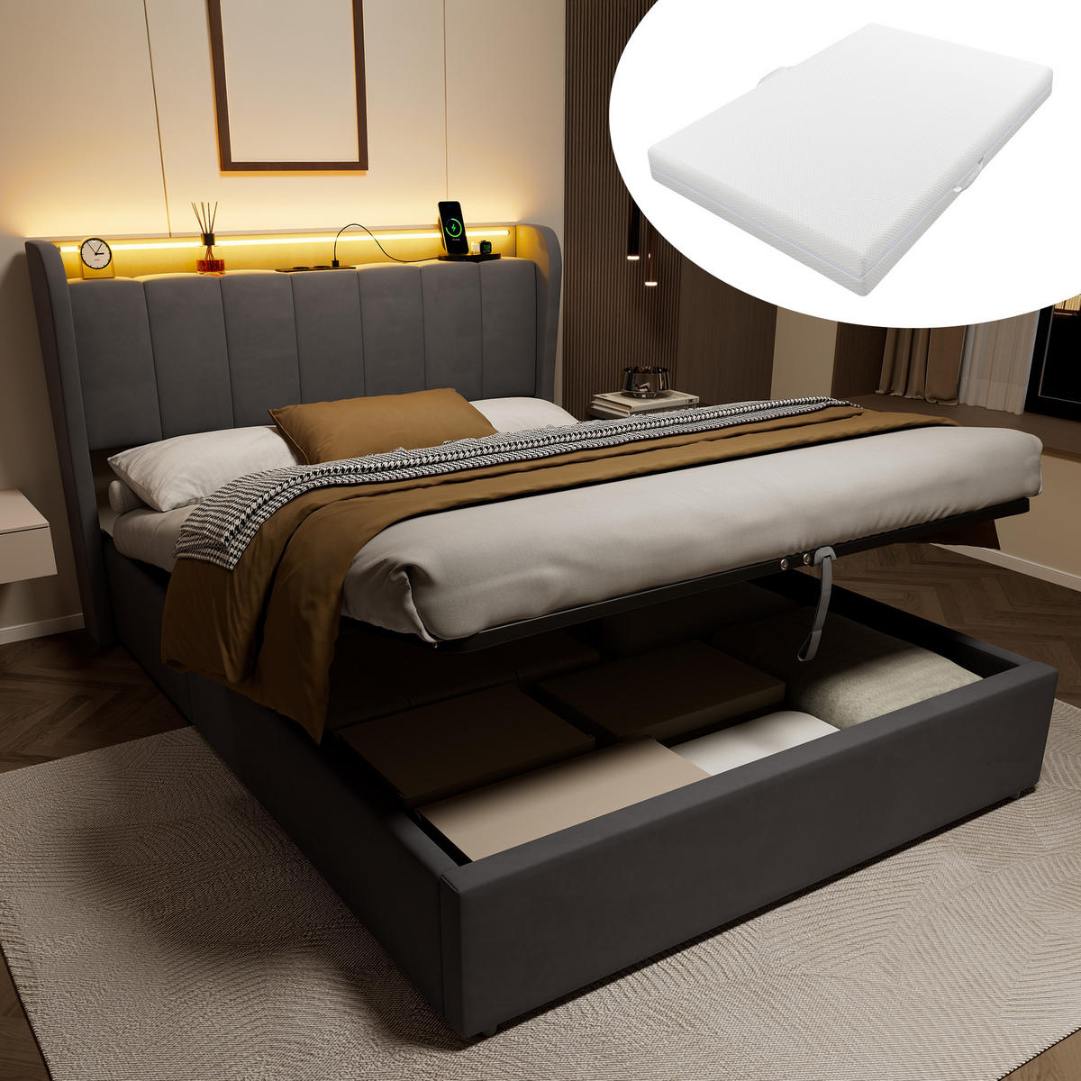 POLSTERBETT 90×200 mit Bettkasten und Matratze,Dunkelgrau - Grau, Holzwerkstoff/Textil (140/200cm) - EVRYAE