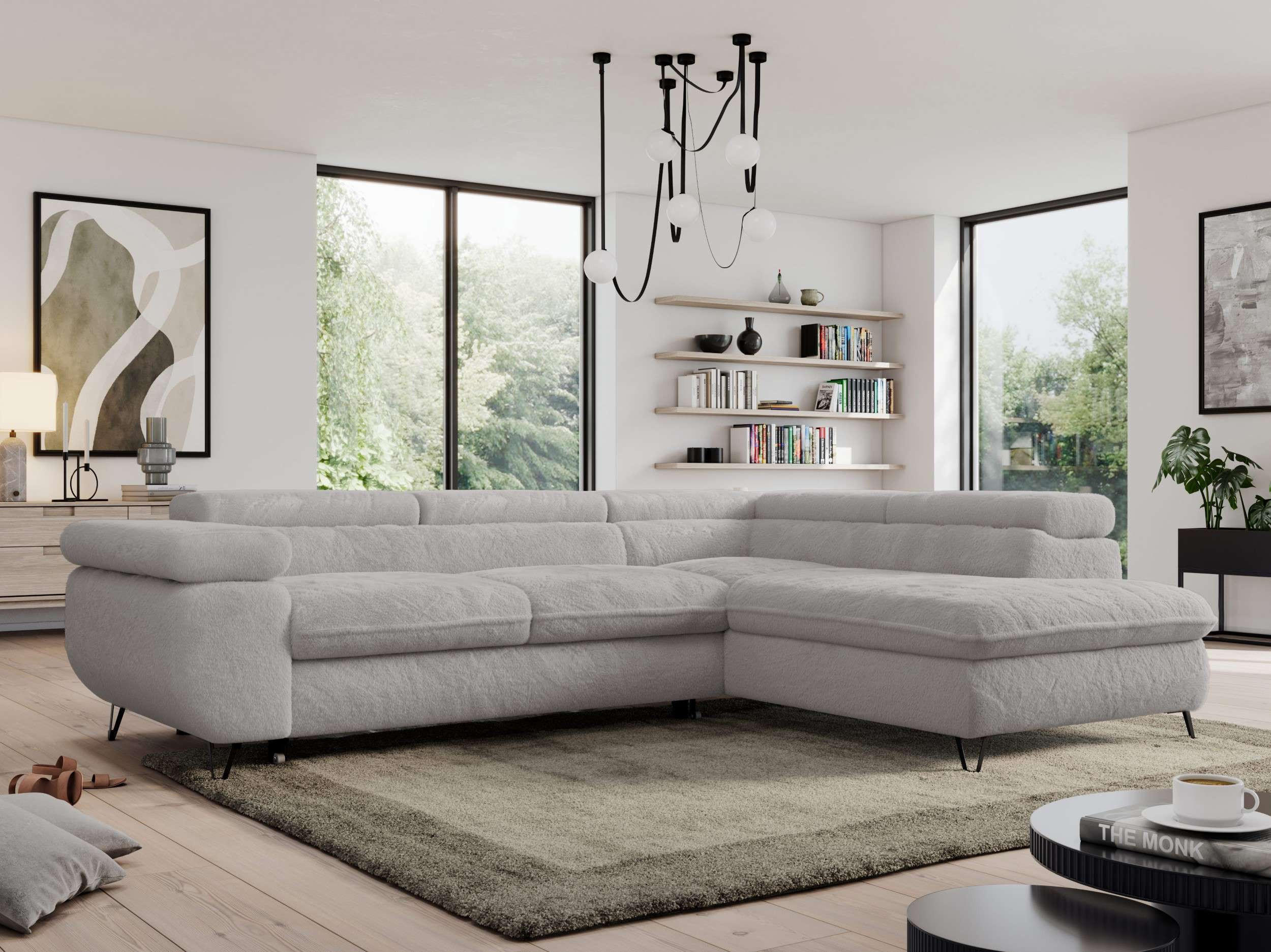 ECKSOFA PEDRO L Hellgrau Plüsch - Rechts Seite - Hellgrau/Schwarz, Textil/Metall (273/208cm) - MKS