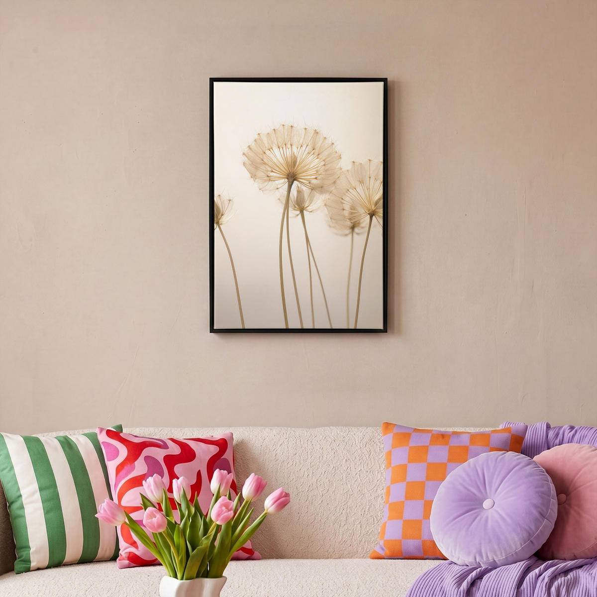 LEINWAND Bilder mit Rahmen - Sonnenlicht - Löwenzahn - Botanisch - Blumen - 40x60 - Creme, Textil (40/60cm) - MuchoWow