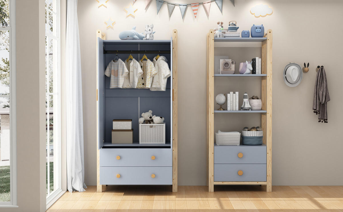 STANDREGAL 70x44x180cm Blau + Natur Kiefer 4 Ebenen 2 Schubladen - Multicolor, Holz (44/180/70cm) - FLIEKS