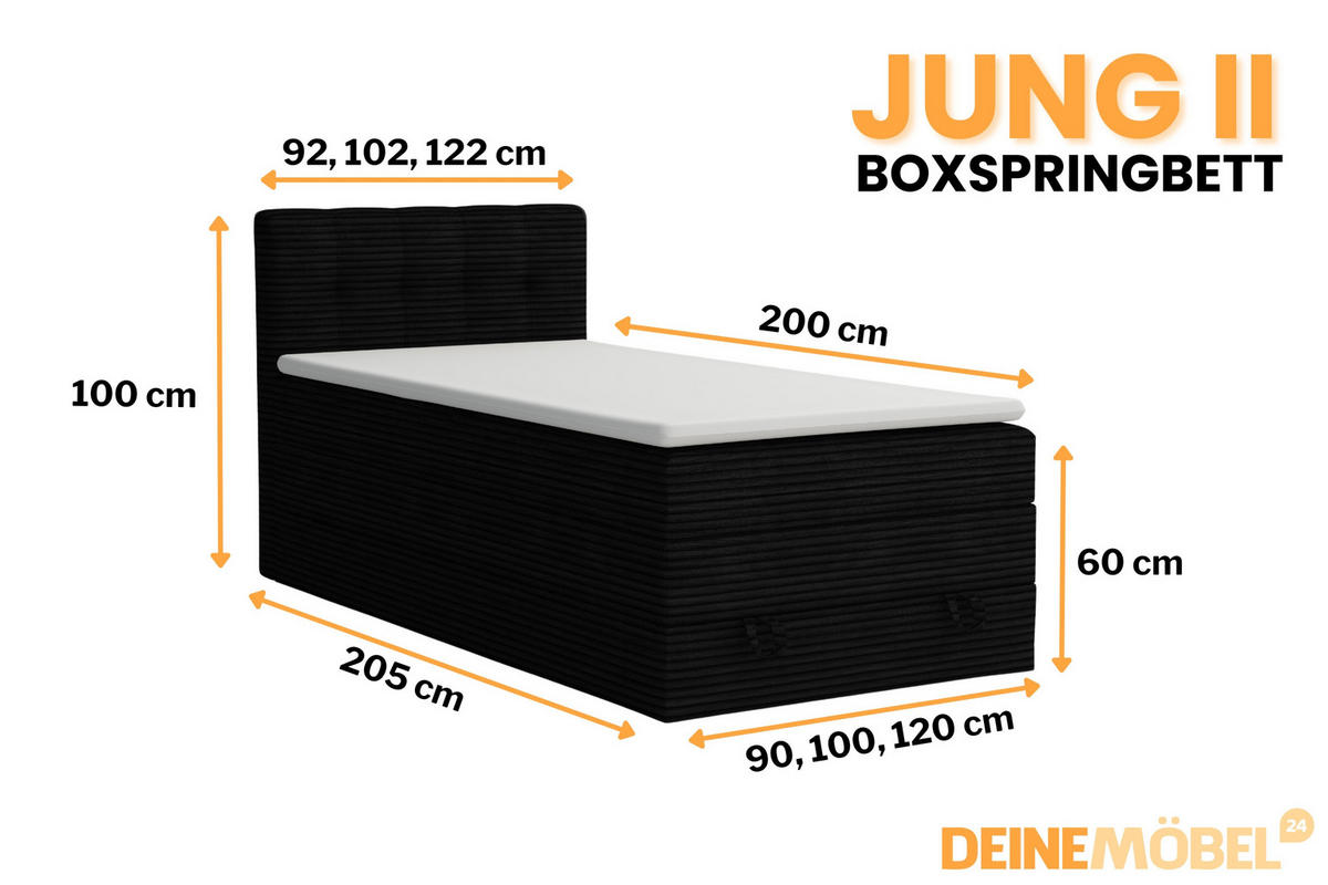 BOXSPRINGBETT JUNG 2 100/200 Cord Schwarz mit Matratzen H3 + H4 - Schwarz, Holz/Holzwerkstoff (100/200cm) - Deine Möbel 24