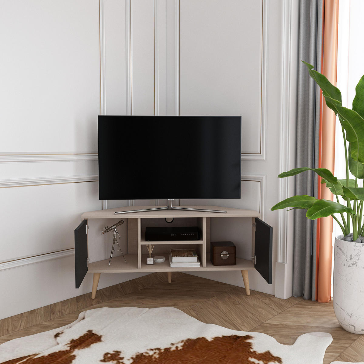 TV-ELEMENT Lesson Baumwollbeige Schwarz - Schwarz, Holzwerkstoff (120/59.8/45cm) - Decorotika