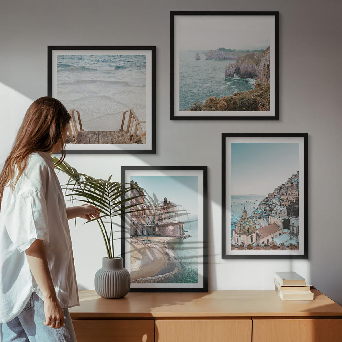 WANDBILDER 4er-Set - 50x50 cm & 40x60 cm Schwarzer Rahmen - Sommerliche Strandansichten in Pastellfarben - Schwarz, Kunststoff (50/50cm) - ArtPrintCave