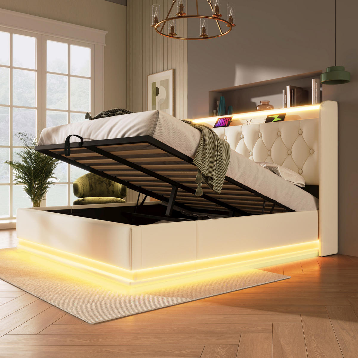 POLSTERBETT mit LED und Stauraum 140x200 cm PU Weiß - Weiß, Metall (140/200cm) - Meubliv