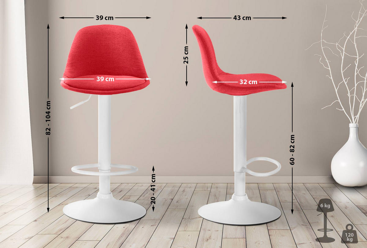 BARHOCKER Stoff rot - Rot/Weiß, Textil/Metall (39/82/43cm) - CLP