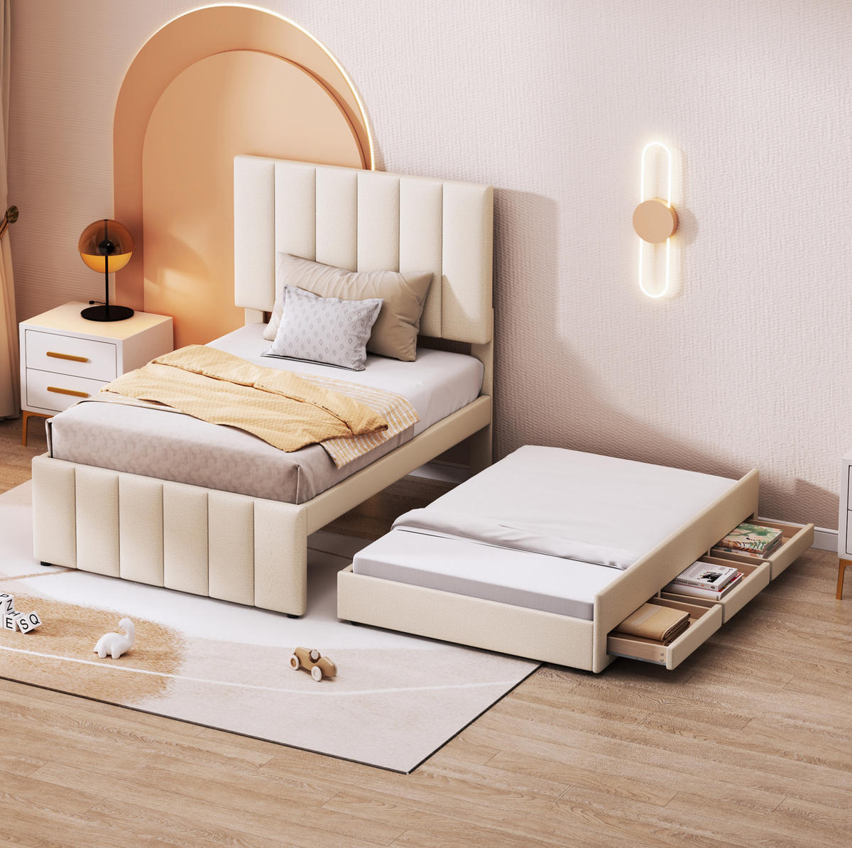 POLSTERBETT 90/200 cm mit Rollbett und 3 Schubladen, höhenverstellbarem Kopfteil - Beige, Textil (90/200cm) - BEAOK