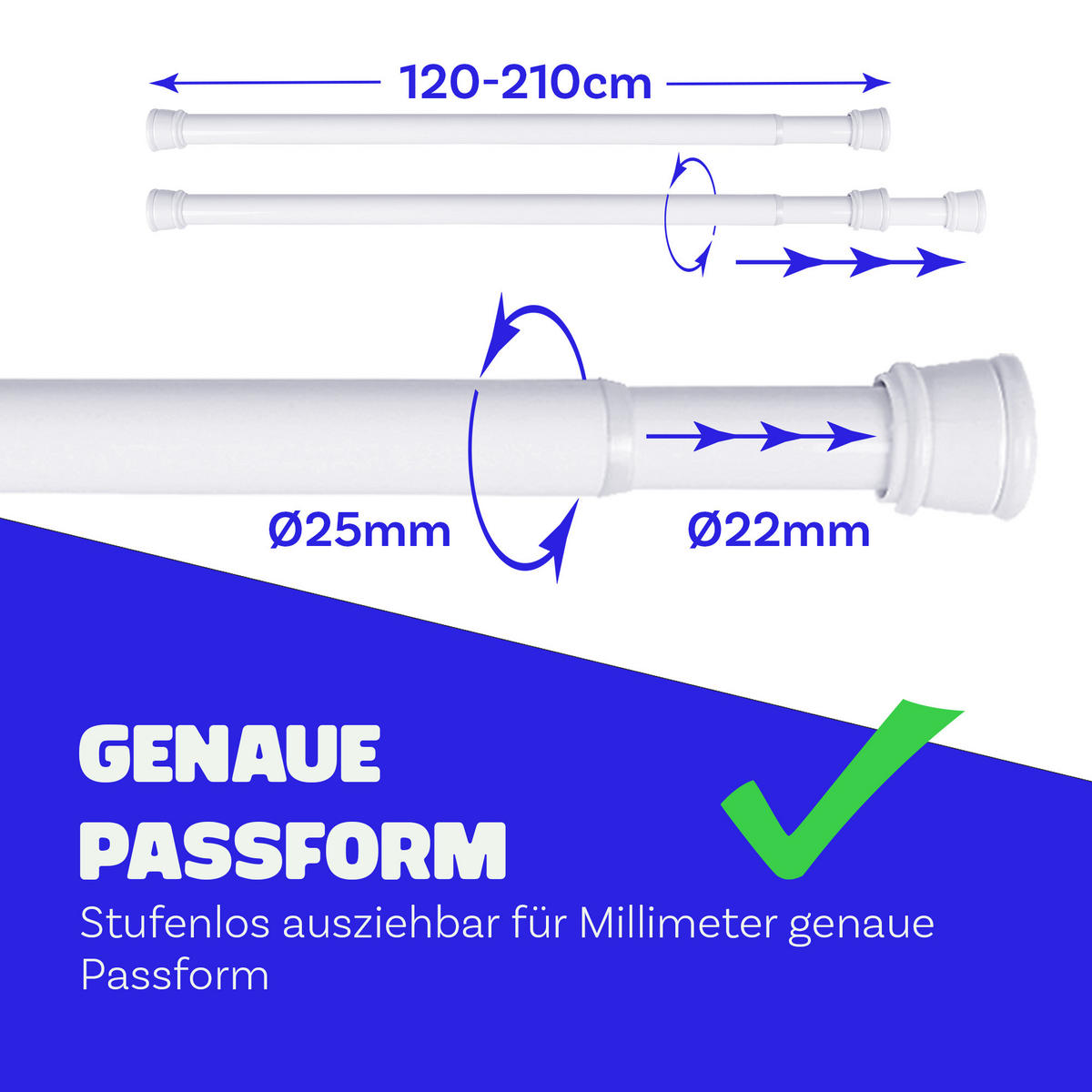 VERSTELLBARE Vorhangstange - Spannstange zum Klemmen Weiß Ø22/25 mm 120-210 cm - Weiß, Metall (120cm) - Bestlivings