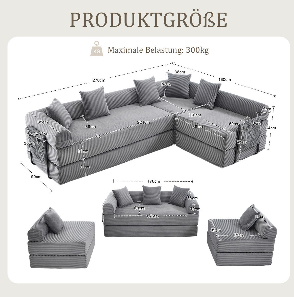 MODULARES Sofa 270/180/64 cm aus Cord mit Schlaffunktion und Seitentasche Dunkelgrau - Dunkelgrau, Textil (180/64/270cm) - Modenvie