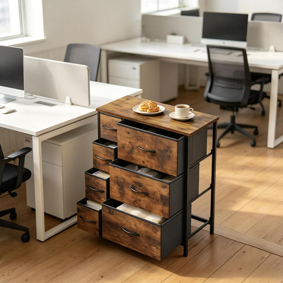 KOMMODE in Rustikalbraun und Schwarz 63,5x30x73 cm mit 7 Stoffschubladen - Braun, Holz (30/73/63.5cm) - IVMEU