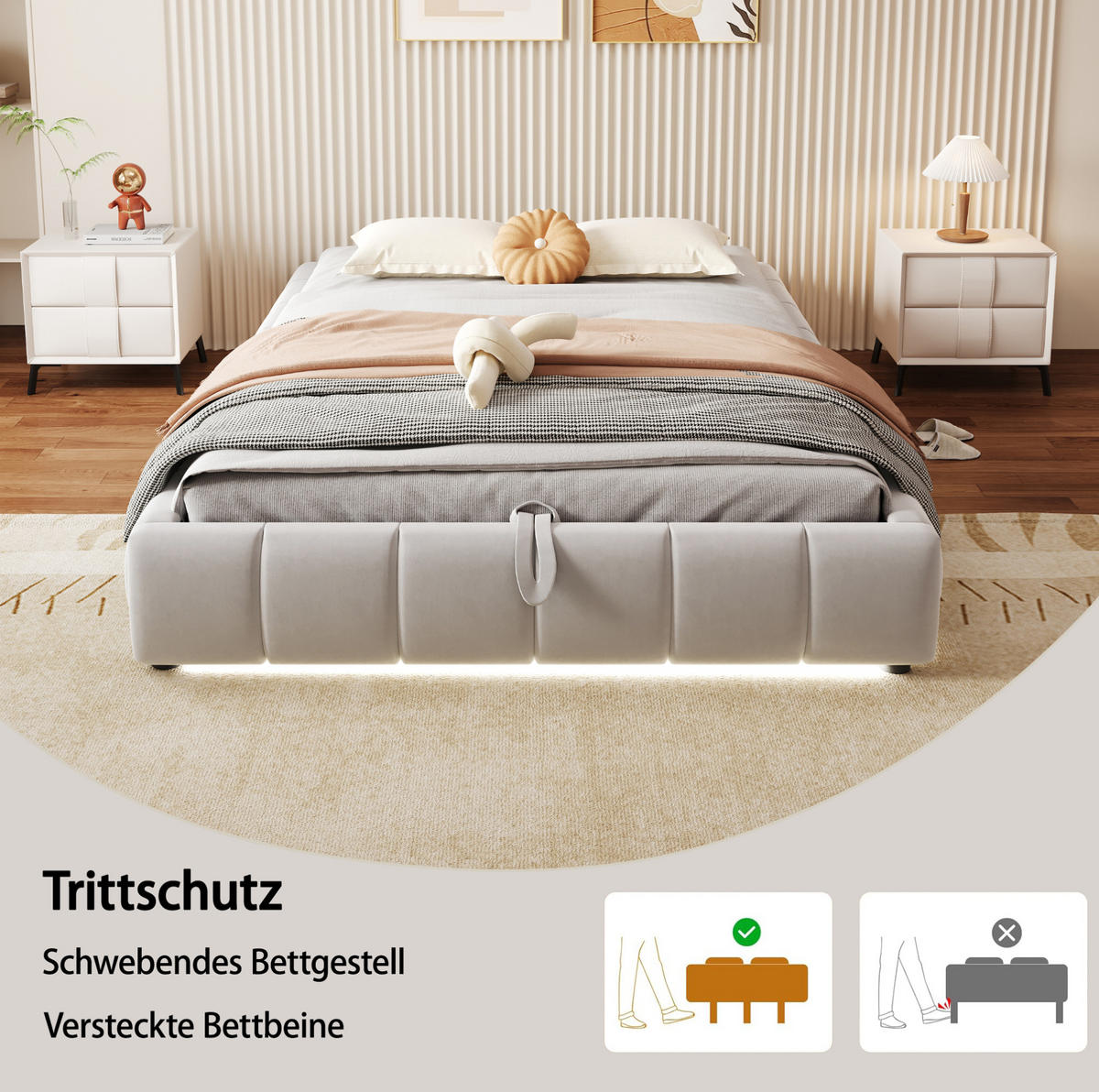 POLSTERBETT 140/200 cm Beige aus Samtstoff mit Bettkasten und LED-Lichtleiste - Beige, Textil (140/200cm) - OKMYHOME