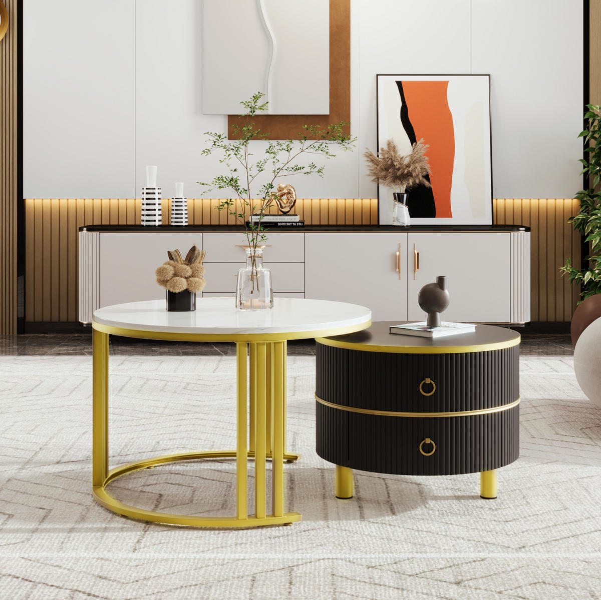 COUCHTISCH 70/70/46 + 50/50/40 cm Schwarz aus MDF mit Schubladen - Schwarz, Holzwerkstoff (70/70/46cm) - OKMYHOME