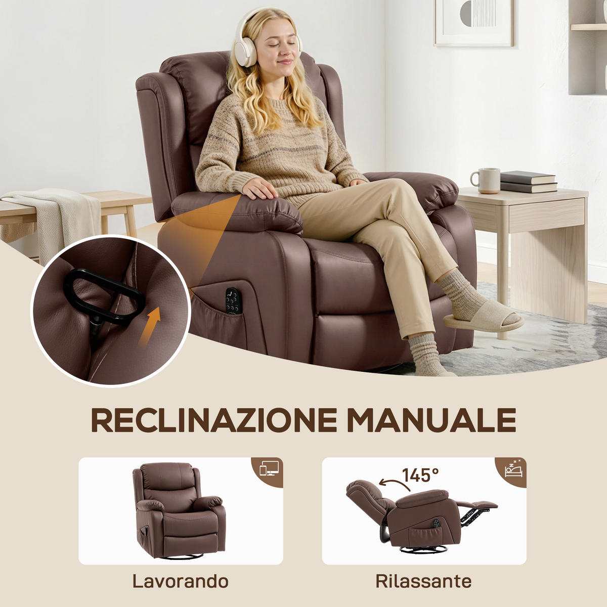 MASSAGESESSEL,8 Massagepunkte Heizung Fußstütze,braun - Braun, Leder (85/100/97cm) - Vallsero