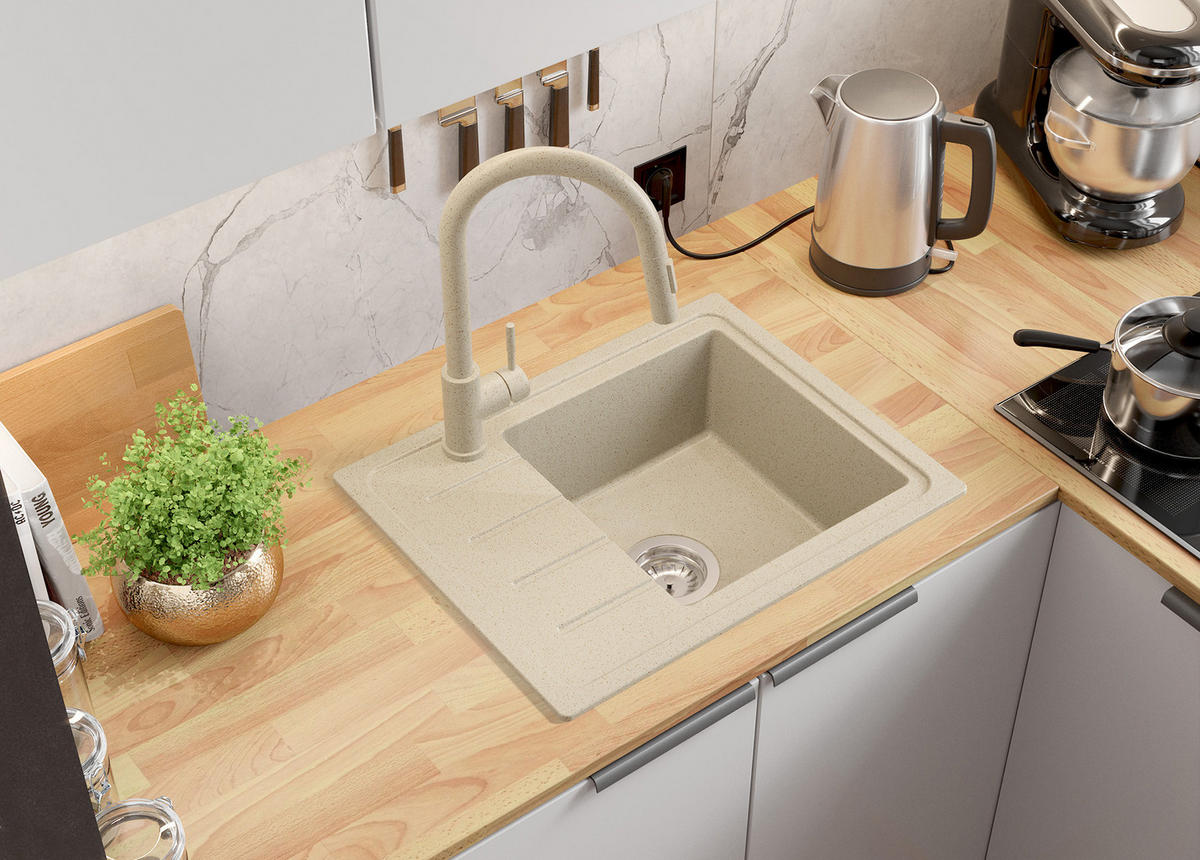 SPÜLBECKEN Kopenhagen Easy, 2-er set Beige 55/44 cm 1 Becken + Ablauf-Set ab 45er Unterschrank - Chromfarben/Beige, Kunststoff (55/17/44cm) - Primagran