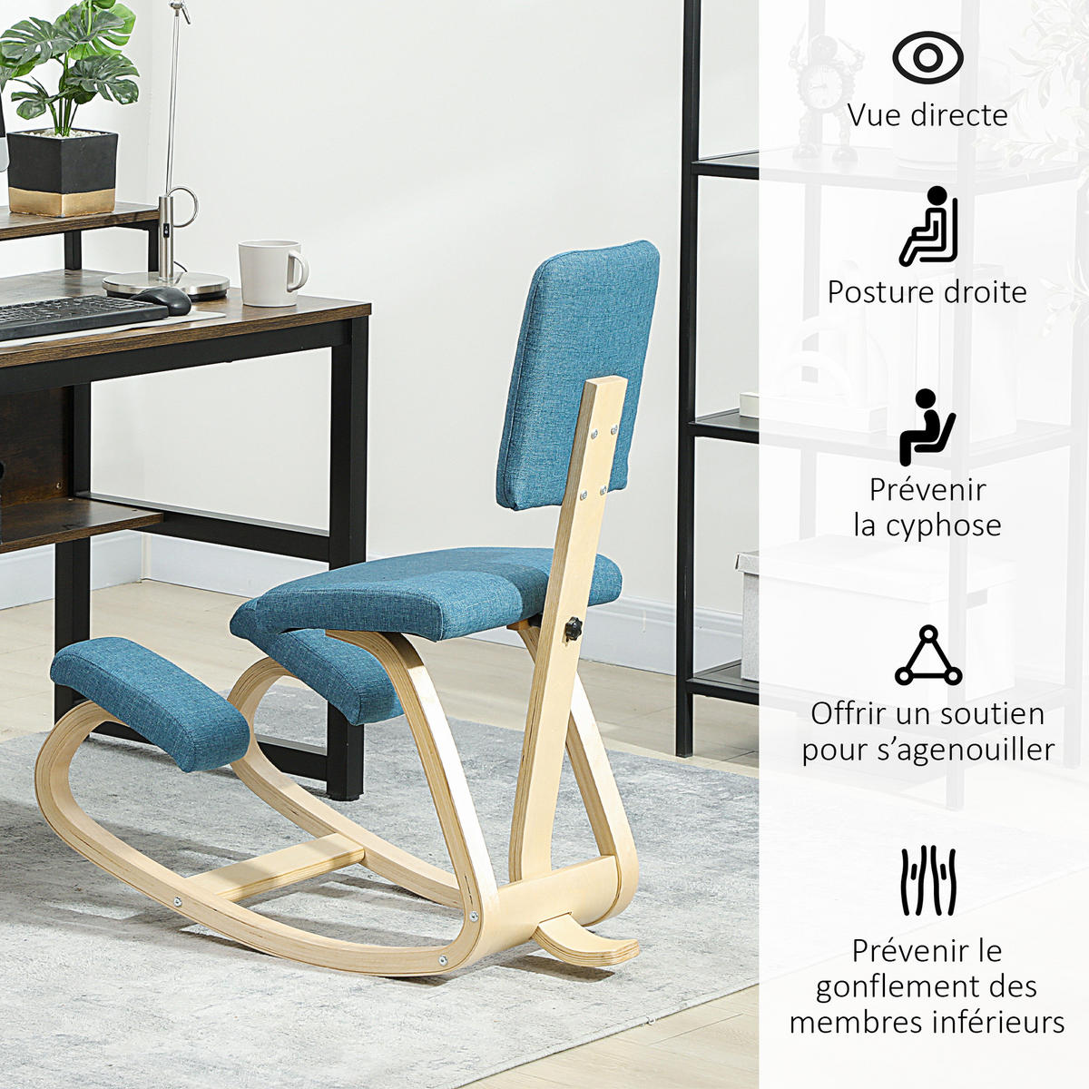 KNIESTUHL DE-11854 mit Rückenlehne & Wippfunktion Dunkelblau - Blau, Holz (51/93/84cm) - ComfortXL