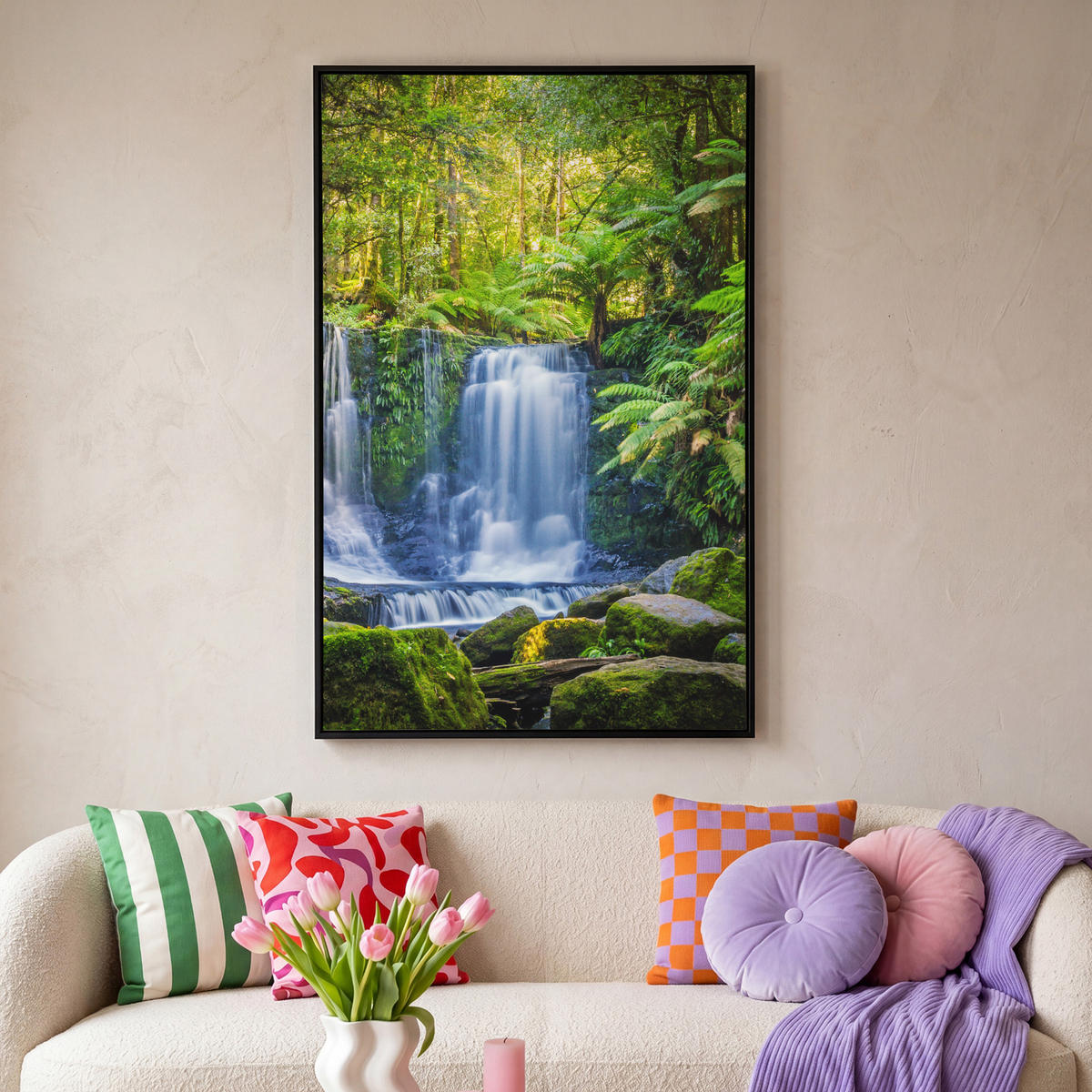 LEINWAND Bilder mit Rahmen - Dschungel - Wasserfall - Australien - Pflanzen - Natur - 90x140 - Dunkelgrün, Textil (90/140cm) - MuchoWow