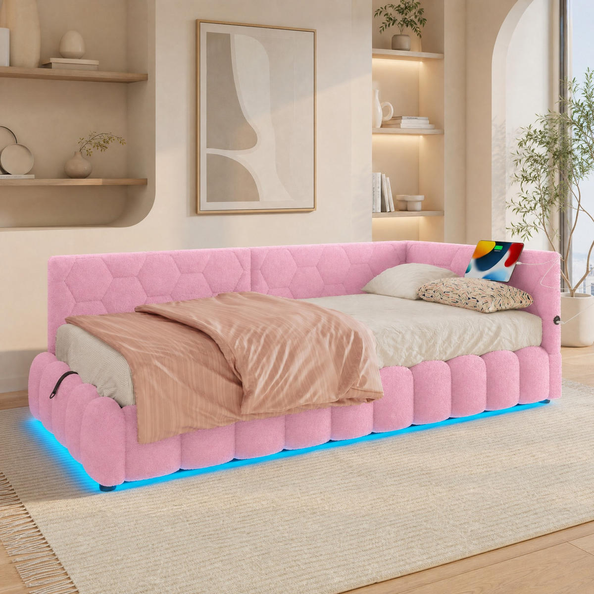 POLSTERBETT 90/200 mit LED-Lichtleiste, Bettkasten, USB und Type-C in Rosa - Rosa, Holzwerkstoff/Textil (90/200cm) - EVRYAE