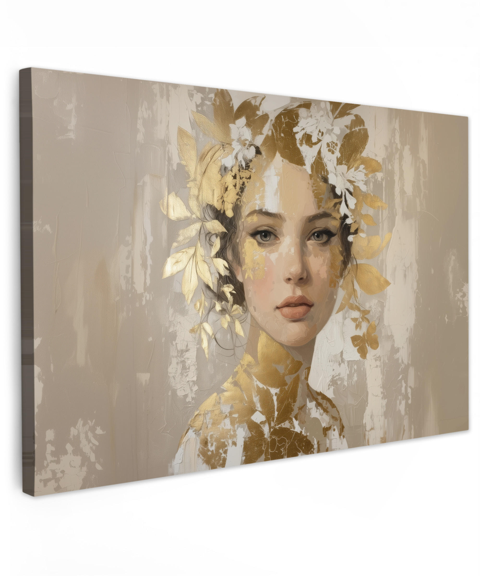 LEINWANDBILD Gesicht - Frau - Blätter - Gold Wohnzimmer Groß 120x80 cm - Beige, Textil (120/80cm) - MuchoWow