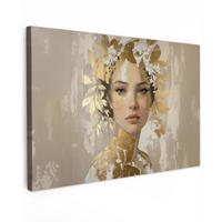 LEINWANDBILD Gesicht - Frau - Blätter - Gold Wohnzimmer Groß 120x80 cm - Beige, Textil (120/80cm) - MuchoWow