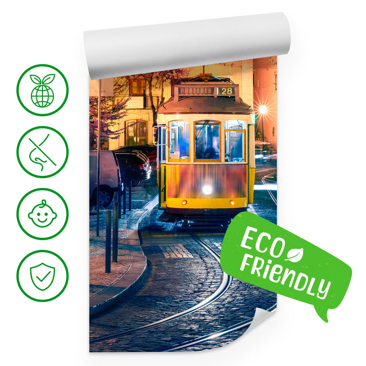 FOTOTAPETE für Wohnzimmer Lissabon Straßenbahn Nacht Altstadt 200x140 - Gelb/Beige, Papier (200/140cm) - Muralo