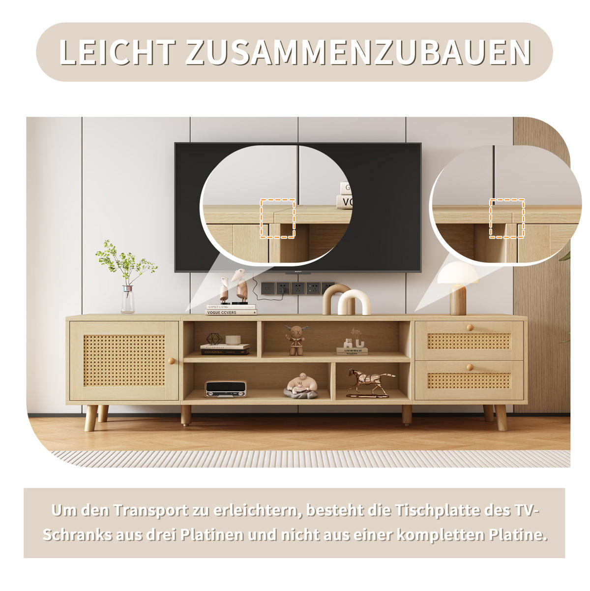 LOWBOARD 160/39/40.5 cm eichefarben aus Spanplatte mit Rattanfronten und Kabelführung - Naturfarben, Holzwerkstoff (39/40.5/160cm) - OKMYHOME