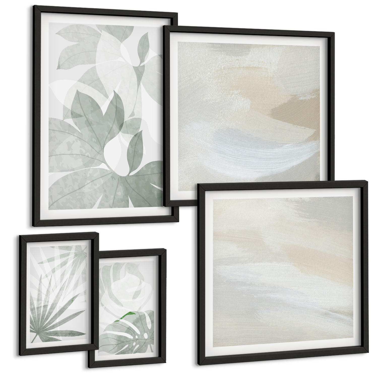 BILDER SET 5er Set - 50x50 cm & 20x30 cm & 40x60 cm Schwarzer Rahmen - Die Blätter der Pflanzen sind grünlich-grau. - Schwarz, Kunststoff (40/60cm) - TULUP