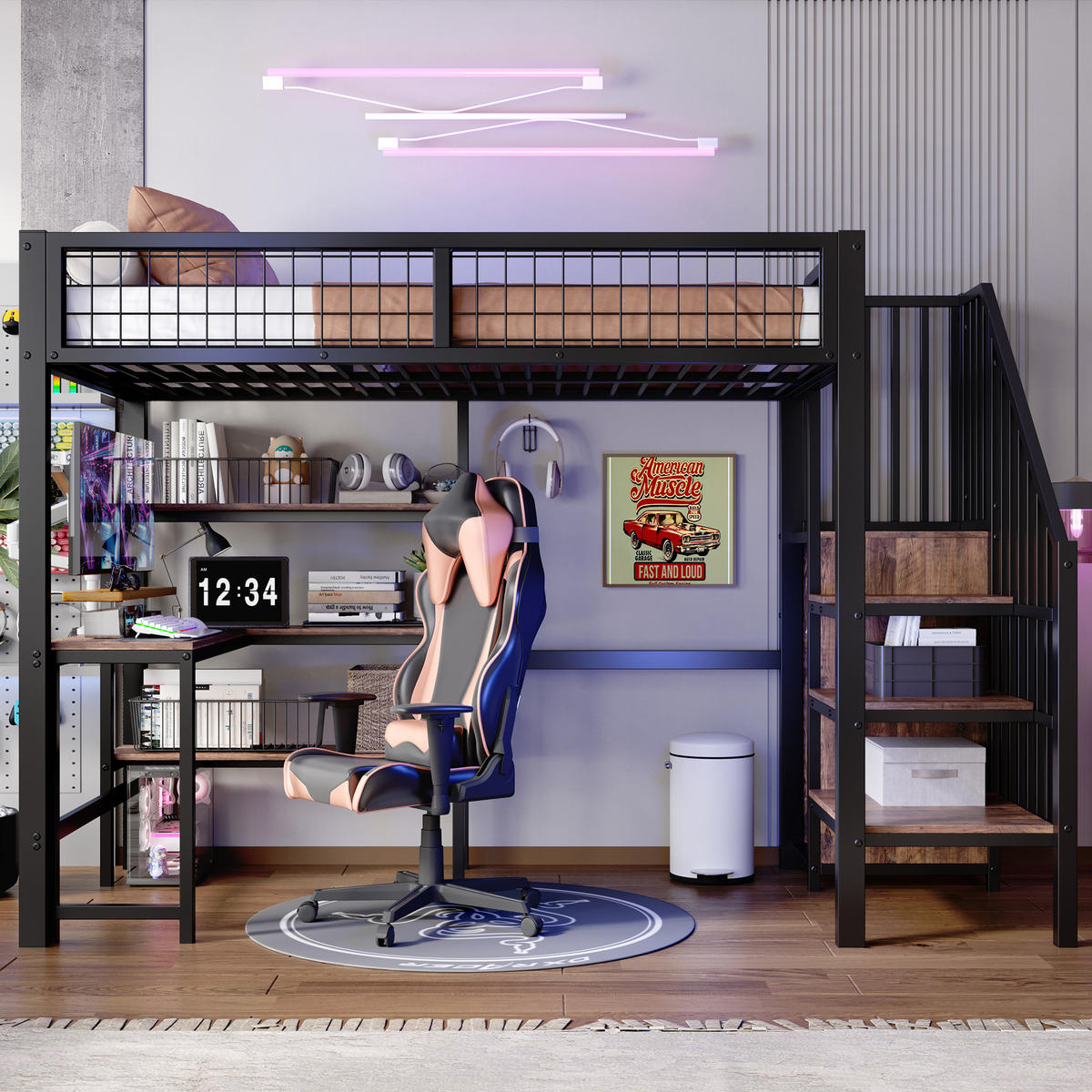 HOCHBETT mit Schreibtisch 90/200 cm in Schwarz/Braun – mit Regalen und Schrank - Schwarz, Holzwerkstoff (90/200cm) - BEAOK