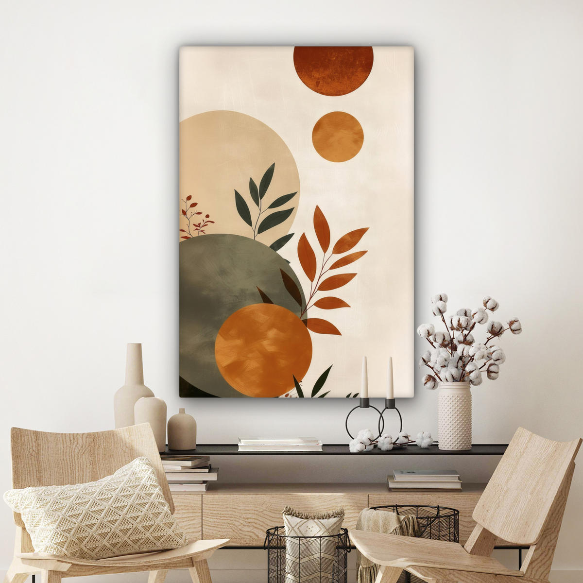 LEINWANDBILD Formen - Rund - Blätter - Beige Deko XXL 80x120 cm - Rostfarben, Textil (80/120cm) - MuchoWow