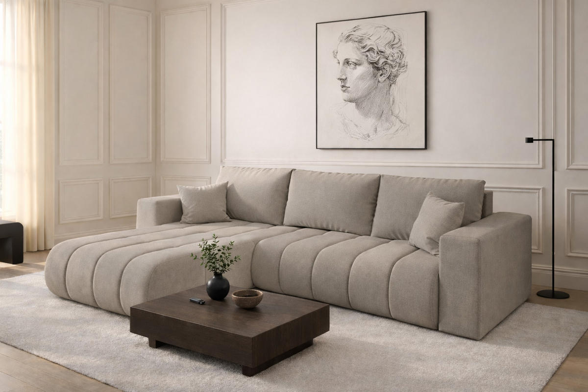 ECKSOFA mit schlaffunktion und bettkasten MILO PREMIUM, stoff WIND, Grau, Links - Hellgrau, Holz (280/190cm) - Kaiser Möbel