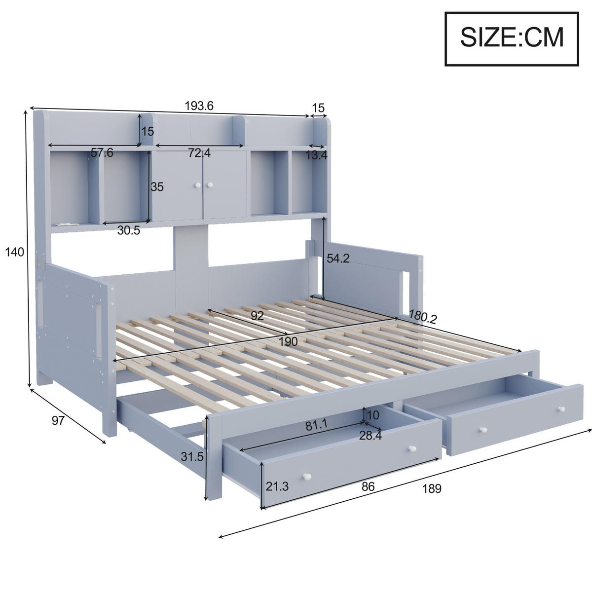 SCHLAFSOFA aus Sperrholz und MDF 90x190 cm Grau ausziehbar mit Schubladen, LED und Steckdose - Grau, Holz (90/190cm) - IVMEU