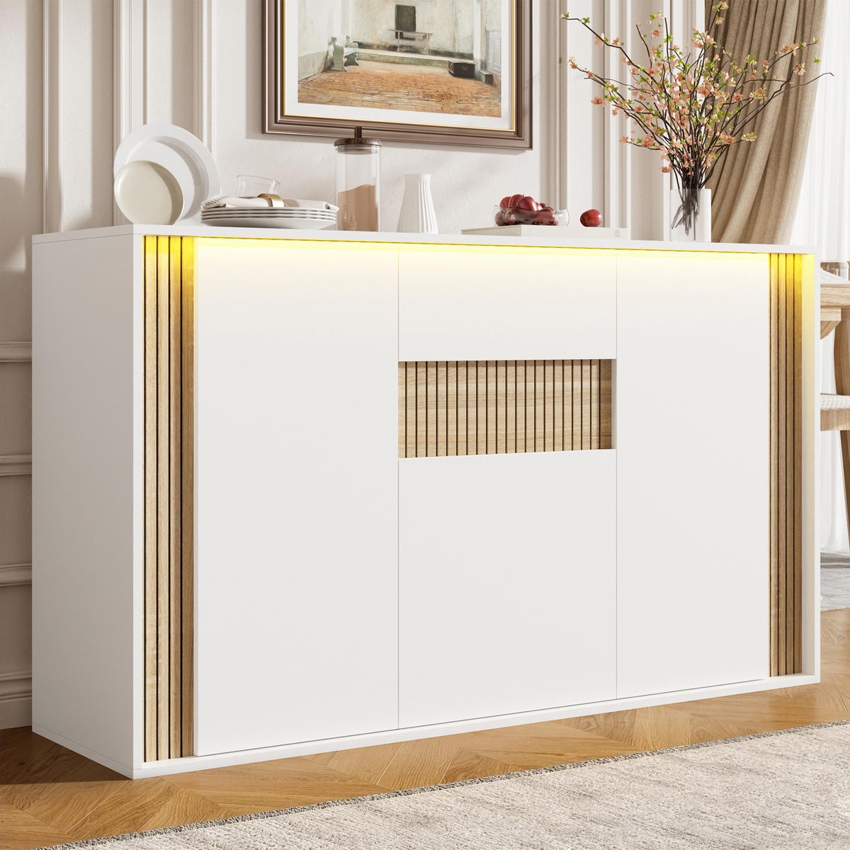 SIDEBOARD 140x40x82cm Weiß mit LED und 3 Türen - Weiß/Naturfarben, Holzwerkstoff (140/82/40cm) - FLIEKS