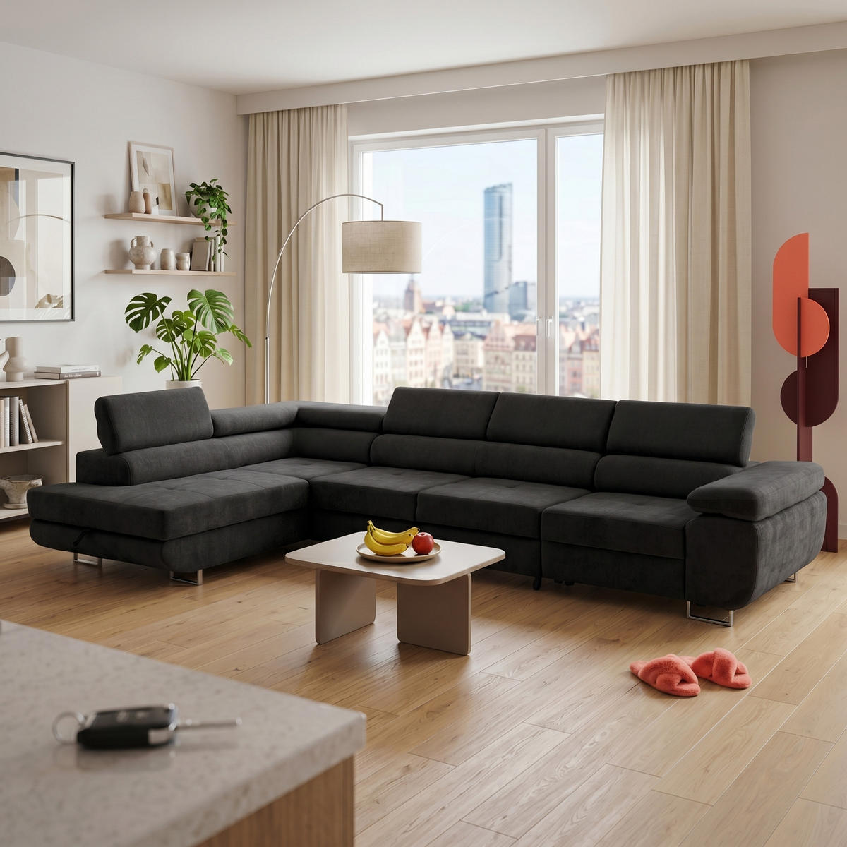 ECKSOFA WILD MAXI L Links mit Schlaffunktion 125x195 Chenille Schwarz - Chromfarben/Schwarz, Holz/Textil (350/203cm) - Muffo