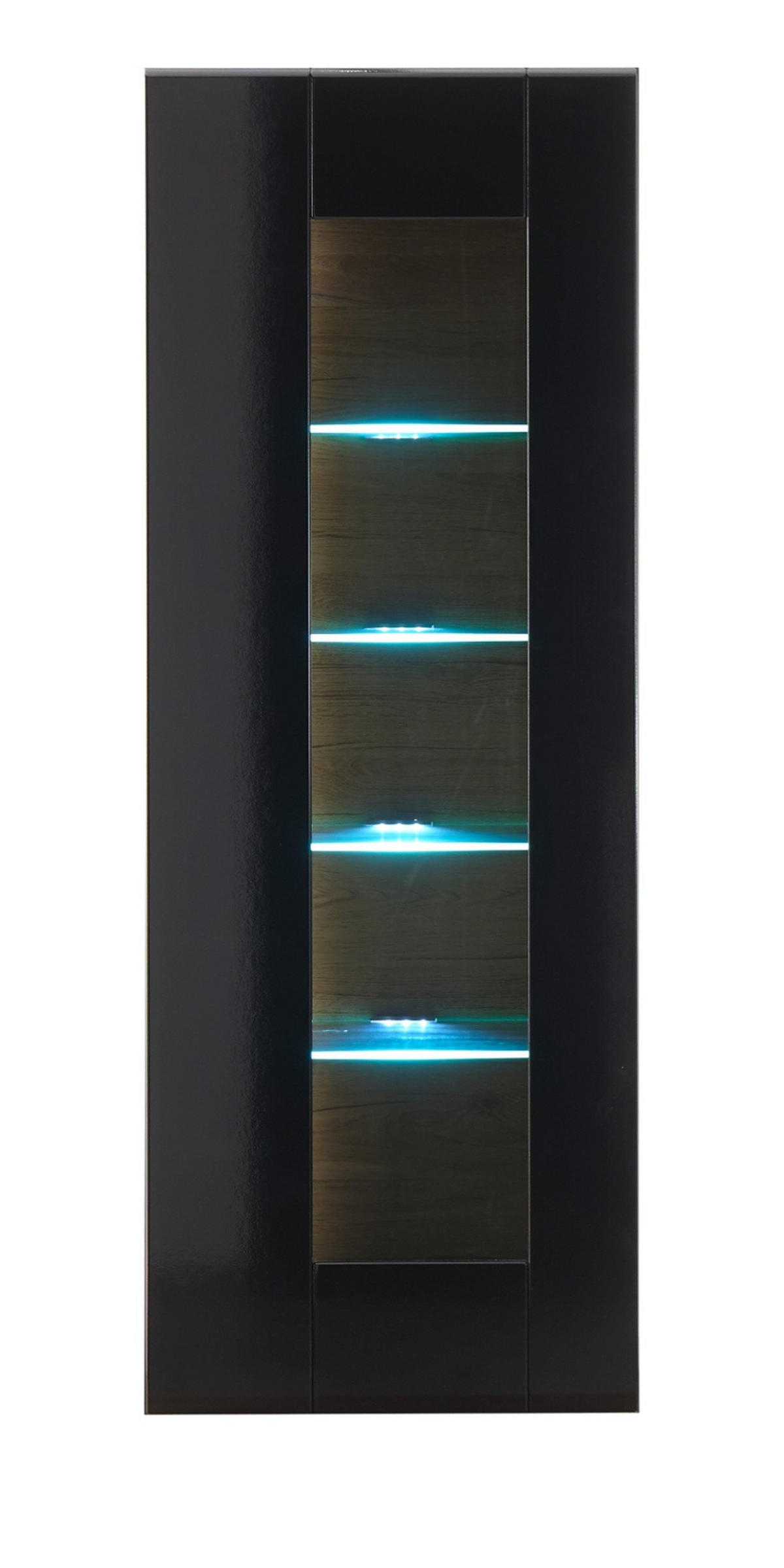 VITRINE schwarz Hochglanz, Grandson Eiche, Vitrinenschrank hängend, stehend 45 x 131 cm - Schwarz Hochglanz/Eichefarben, Glas/Holzwerkstoff (45/131/38cm) - Furn.Design