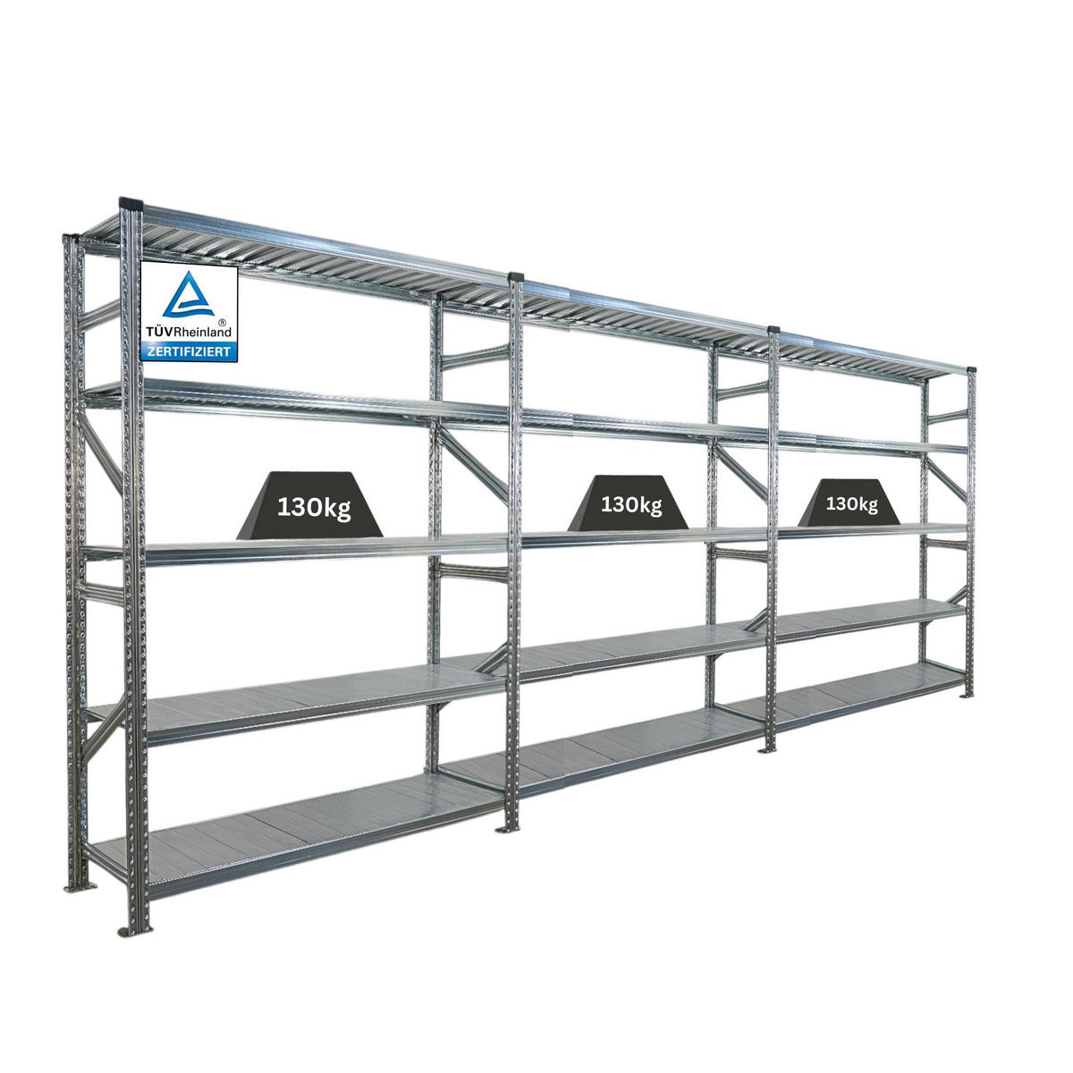 FACHBODENREGAL Proximo 200x450x50cm 5 Ebenen Fachlast 130 kg Beidseitig nutzbar Verzinkt - Silberfarben, Metall (450/200/50cm) - PROREGAL