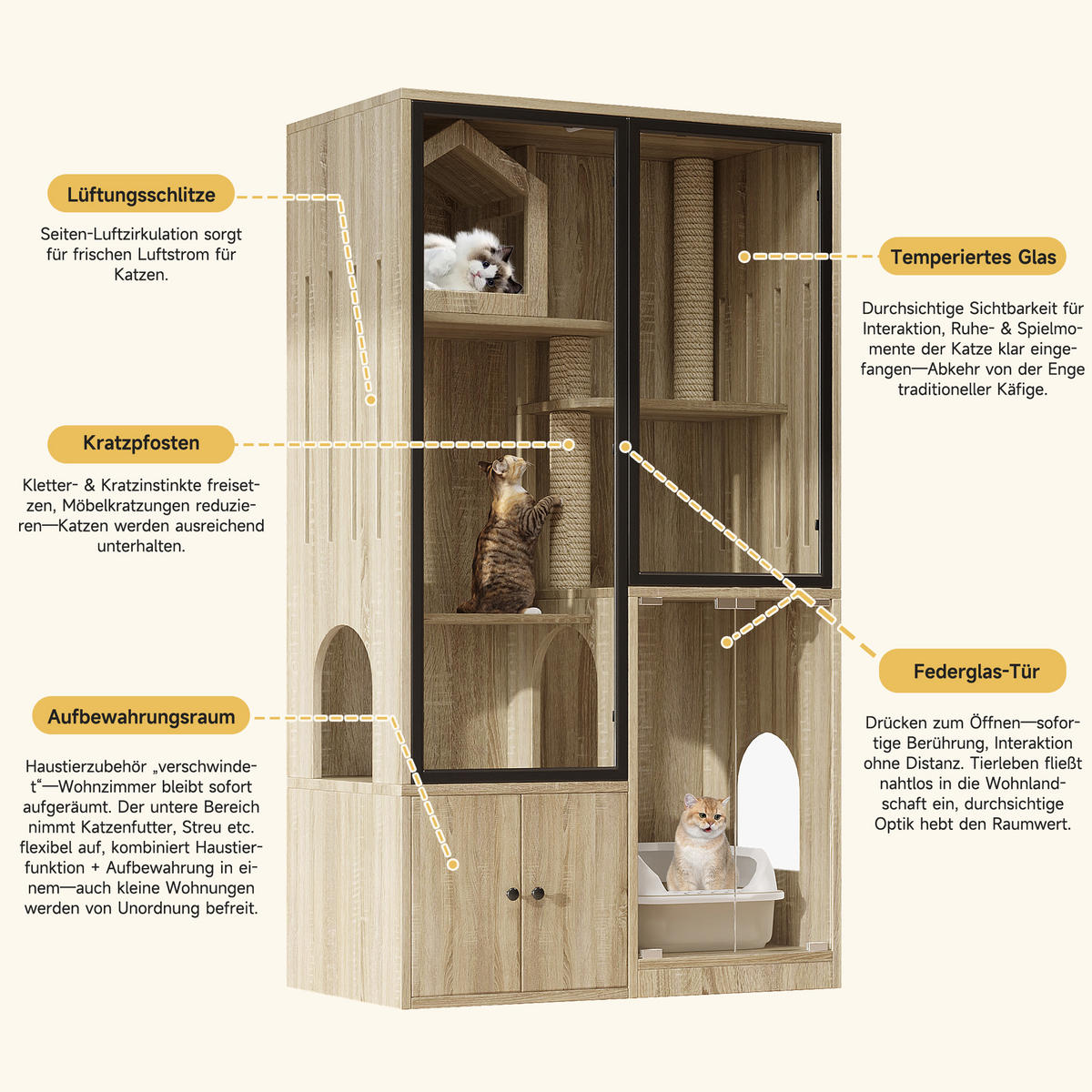 VITRINE Naturfarben aus MDF & Glas 90×50×160cm als Katzenvilla mit Panoramatür und Kratzpfosten - Naturfarben, Holzwerkstoff (50/160/90cm) - Luhomfu