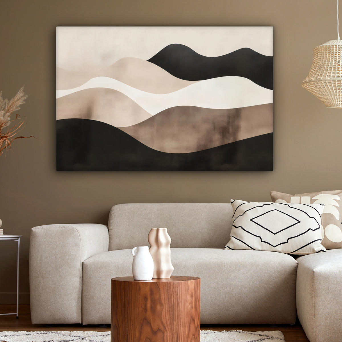 LEINWANDBILD Abstrakt - Landschaft - Wellen - Cremefarben Wohnzimmer 120x80 cm - Cappuccino, Textil (120/80cm) - MuchoWow