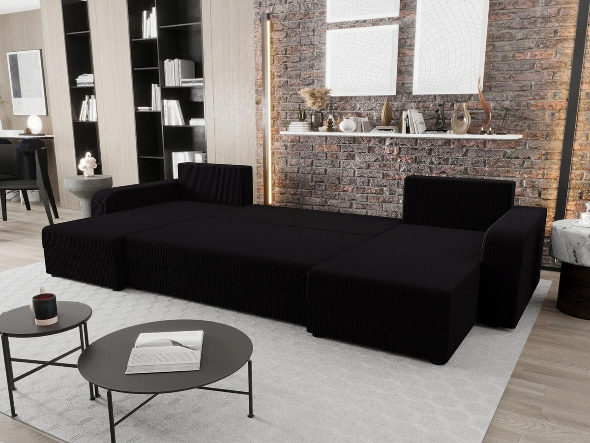 WOHNLANDSCHAFT HEWLET U BIS Zoom 23 mit Schlaffunktion - Schwarz, Textil (305/90/140cm) - Bedante