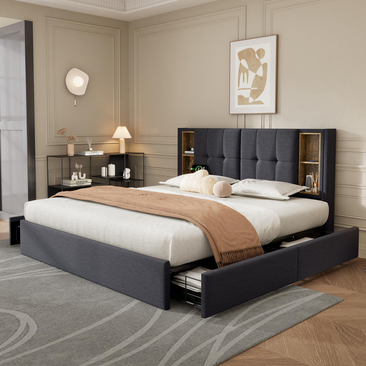 POLSTERBETT 160/200 cm Grau mit Kabellosem und 4 Schubladen - Grau, Textil (160/200cm) - Oxeza