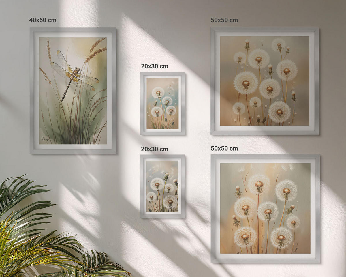 BILDER SET 5er Set - 50x50 cm & 20x30 cm & 40x60 cm Silberner Rahmen - Weiße Löwenzahnblüten auf hellem Hintergrund - Silberfarben, Kunststoff (40/60cm) - TULUP