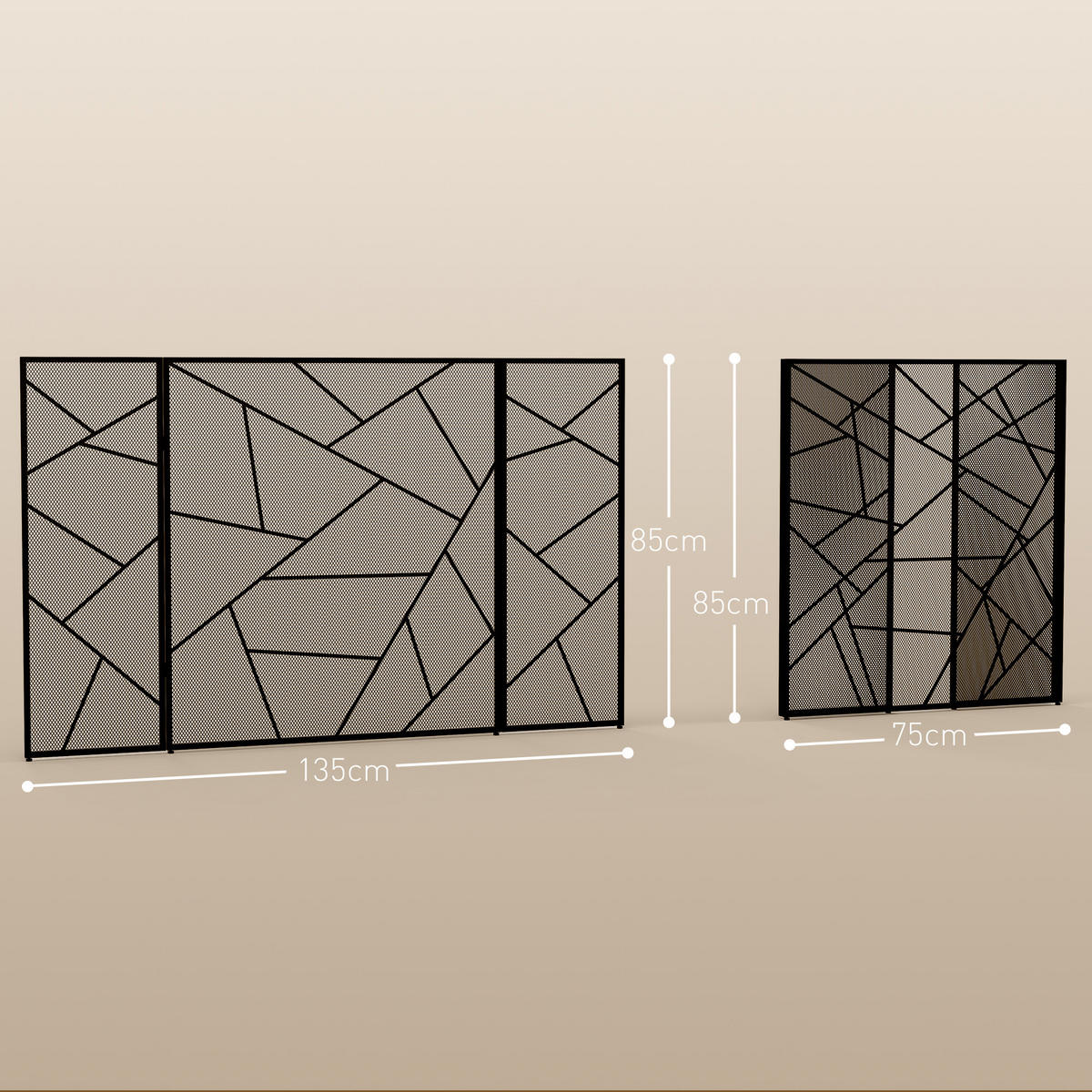 KAMINSCHIRM DE-17040 3 klappbare Paneele mit geometrischem Design Schwarz - Schwarz, Metall (1.2/85/135cm) - ComfortXL