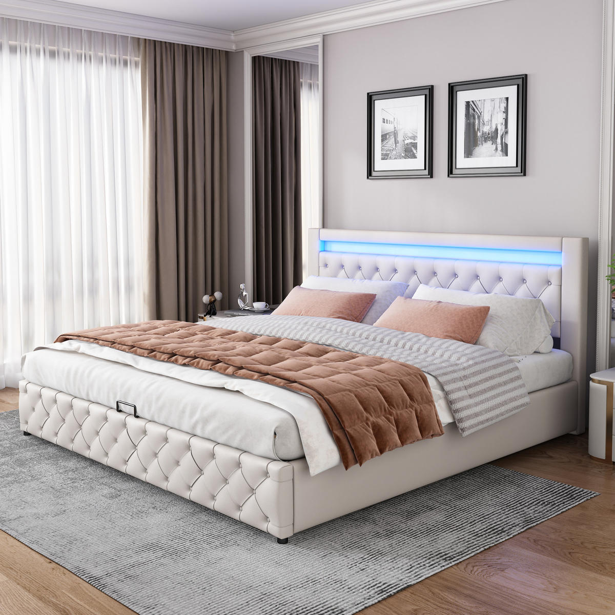 POLSTERBETT 180/200 cm mit Bettkasten und LED-Beleuchtung, PU-Bezug Weiß - Weiß, Kunststoff (180/200cm) - BEAOK