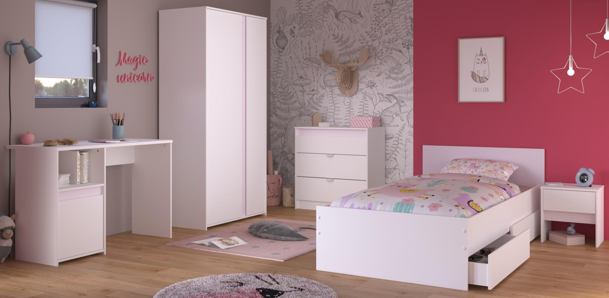 JUGENDZIMMER Set 5-tlg. mit Kleiderschrank Kommode Bett 90x200 - Weiß, Holzwerkstoff (203/182/68cm) - Parisot Meuble